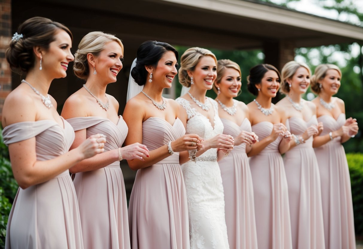 A group of bridesmaids stand in a line, each wearing elegant jewelry that complements their dresses. They smile and chat, showcasing their beautiful accessories