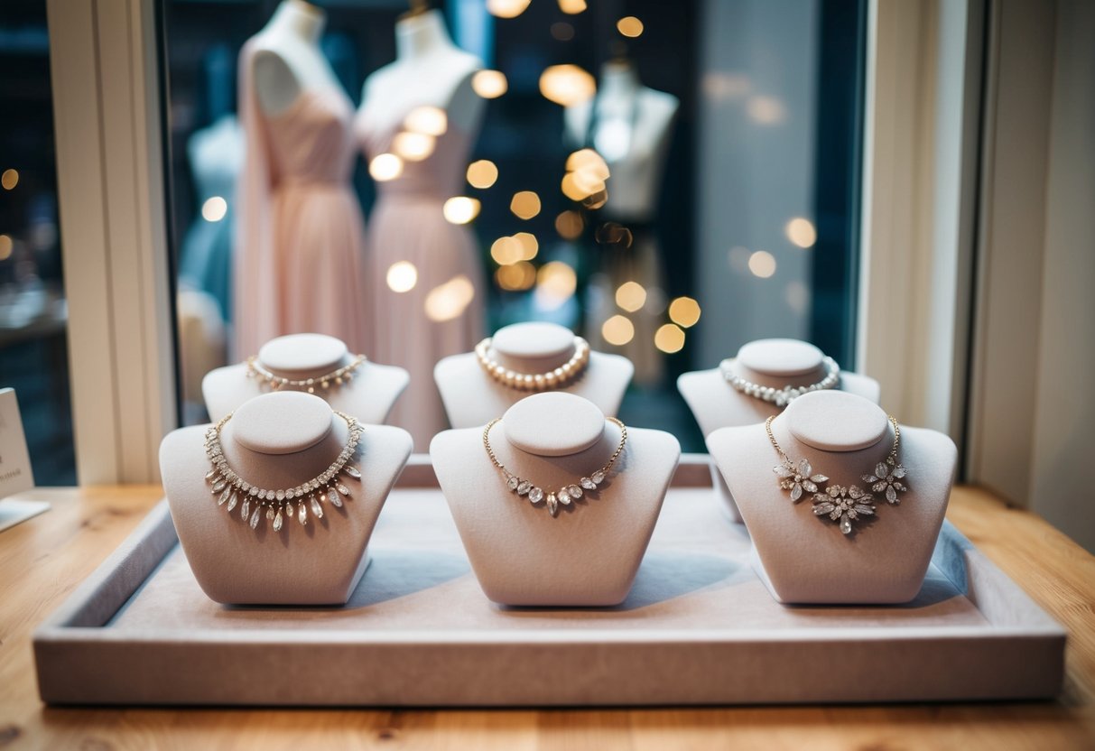 A display of elegant bridesmaid jewelry, arranged on a velvet-lined tray, catches the light in a boutique window