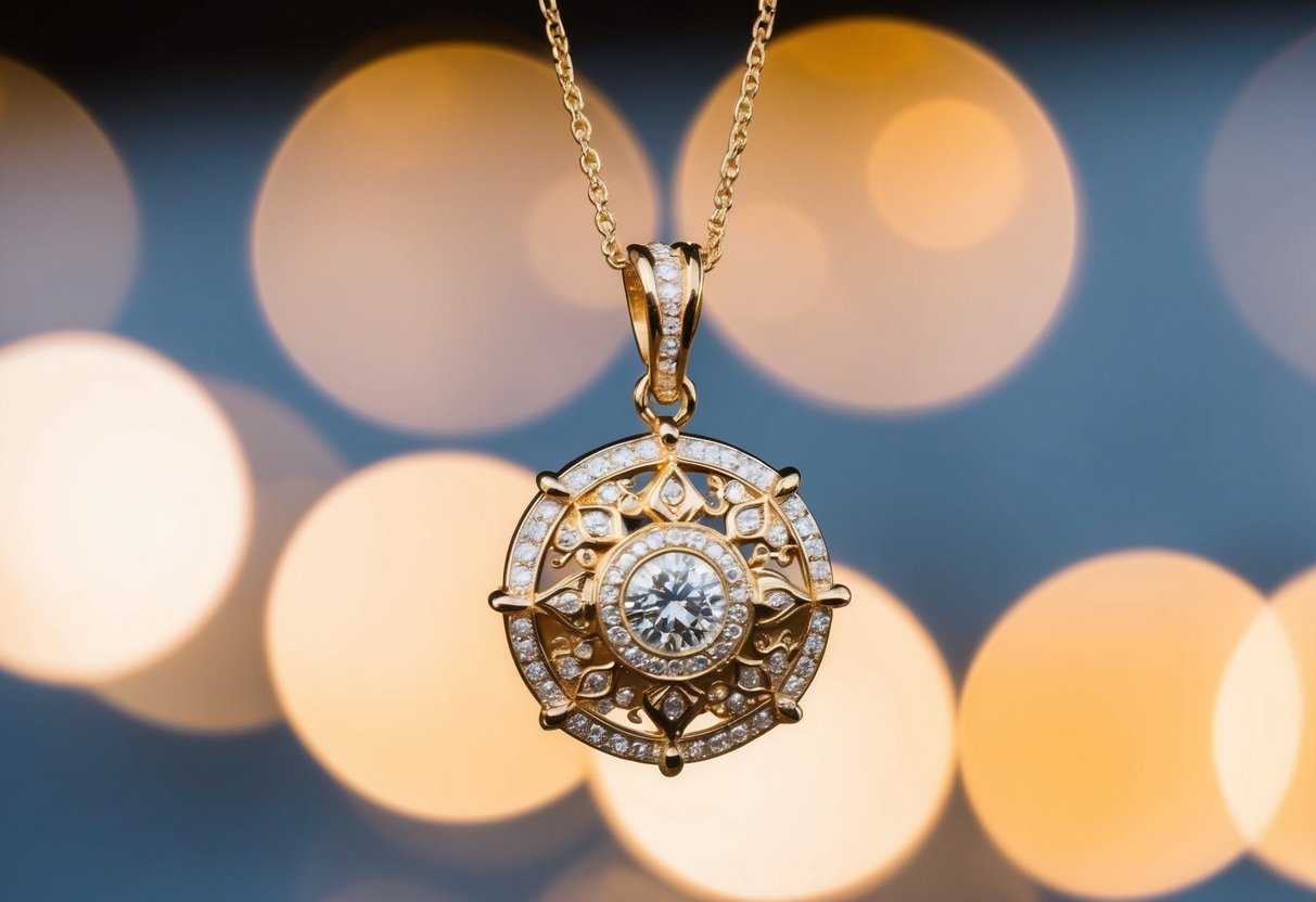 A sparkling gold pendant hangs from a delicate chain, catching the light and casting a warm glow. The pendant is adorned with intricate designs and personalized details, creating a sense of elegance and individuality