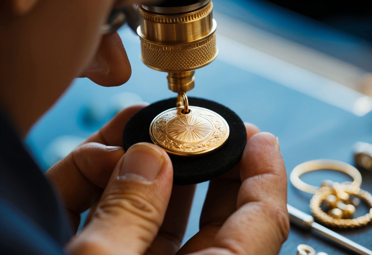 A jeweler carefully engraves a personalized gold pendant, adding intricate details and polishing the surface to a brilliant shine