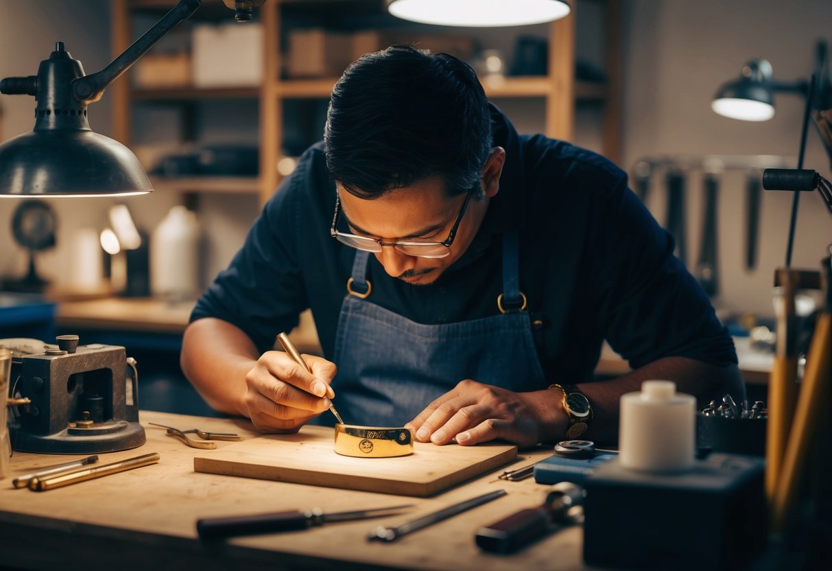 A skilled artisan meticulously engraves a personalized gold pendant, surrounded by tools and materials in a well-lit workshop