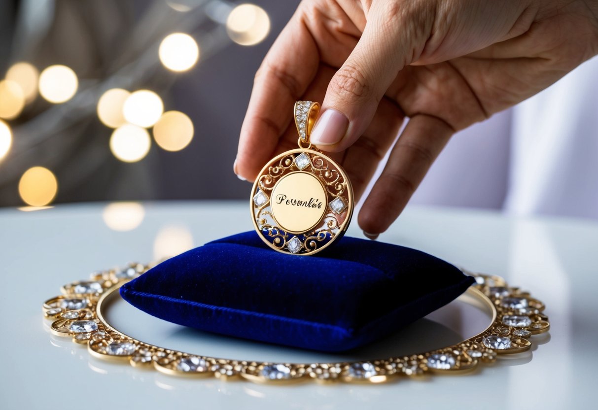 A hand reaches out to present a personalized gold pendant on a velvet cushion, surrounded by sparkling gemstones and delicate filigree details