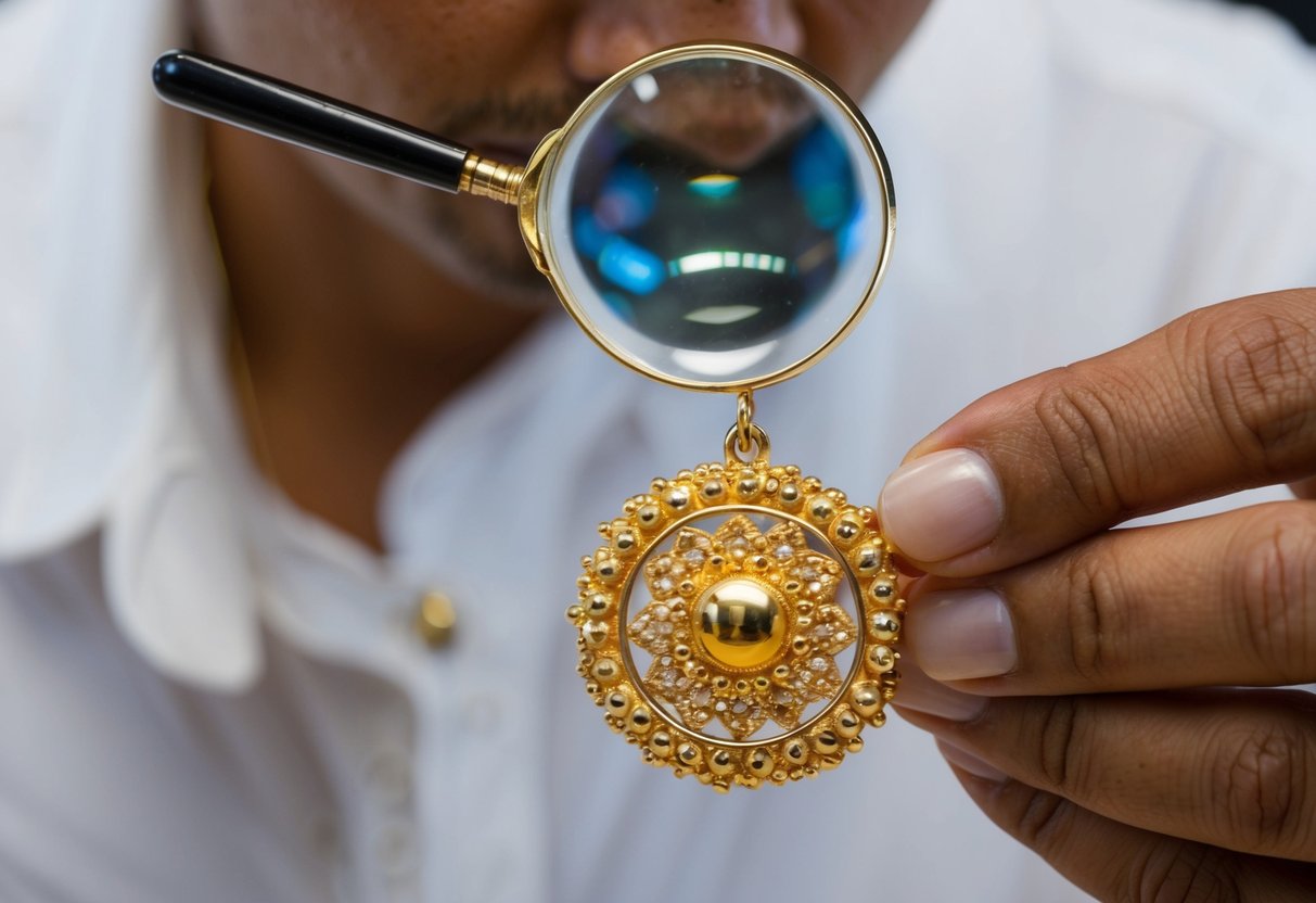 A handcrafted gold pendant being polished and inspected under a magnifying glass for quality control