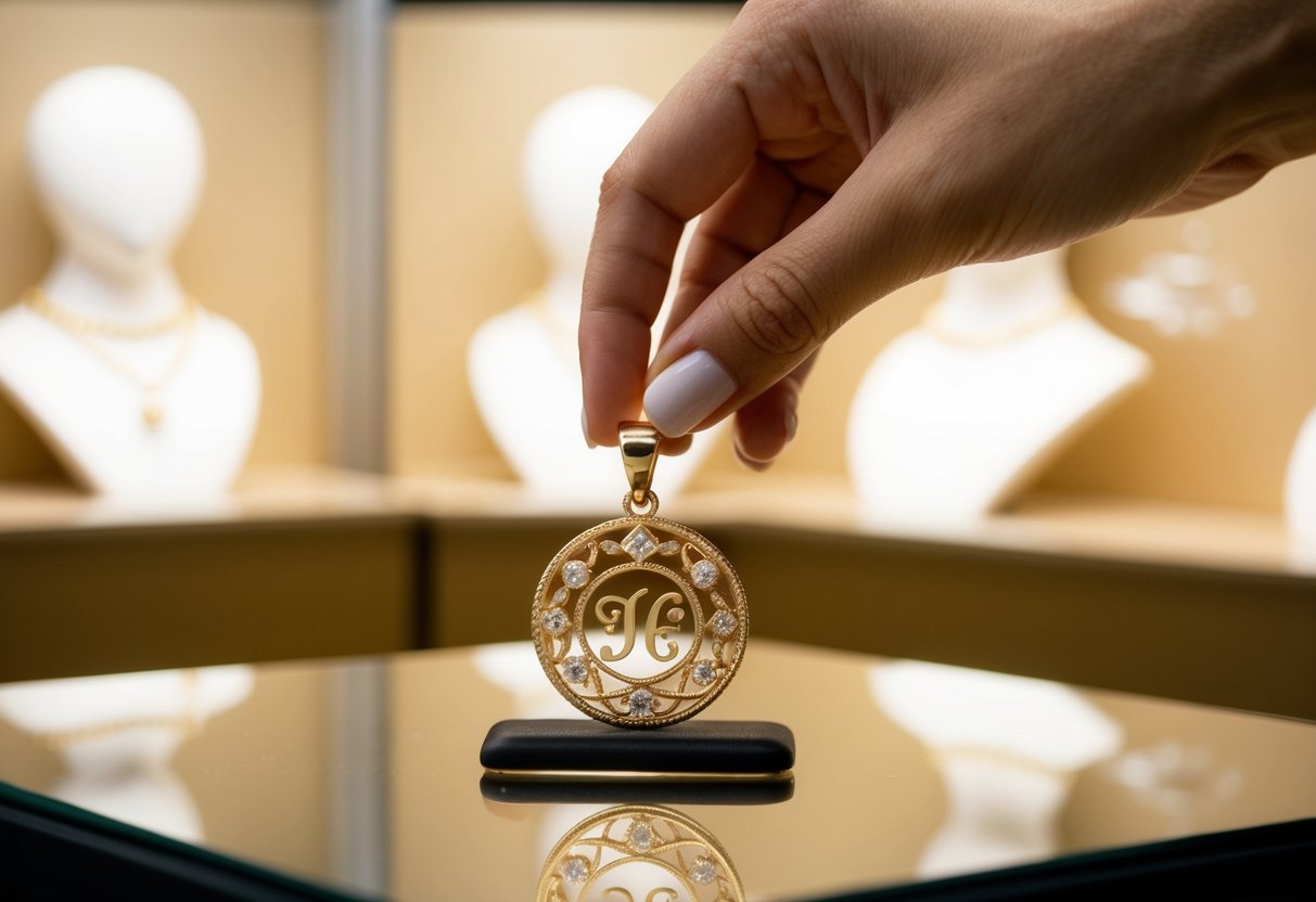 A hand reaching for a personalized gold pendant on display in a jewelry store. The pendant is elegantly designed with intricate details and hangs from a delicate chain