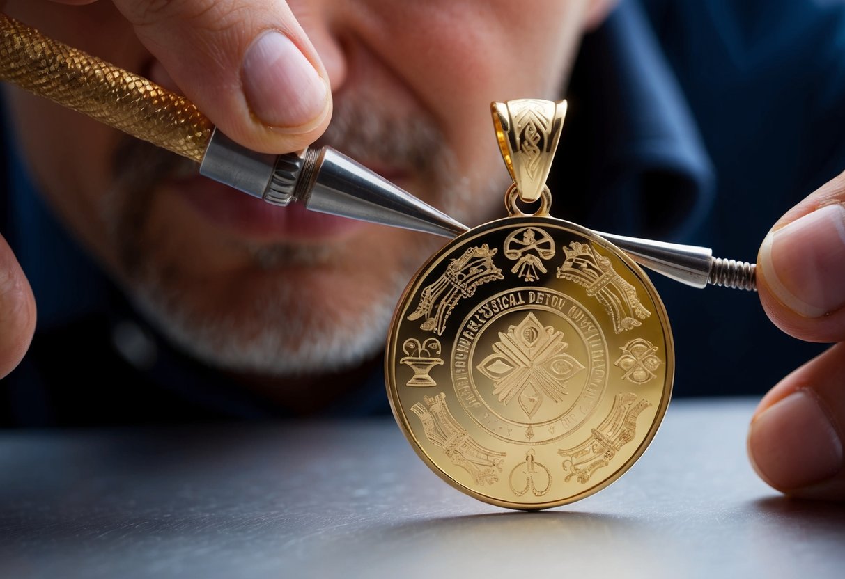 A jeweler carefully engraves a personalized gold pendant, reflecting on ethical considerations. The pendant is adorned with intricate designs and symbols, representing the wearer's values and beliefs