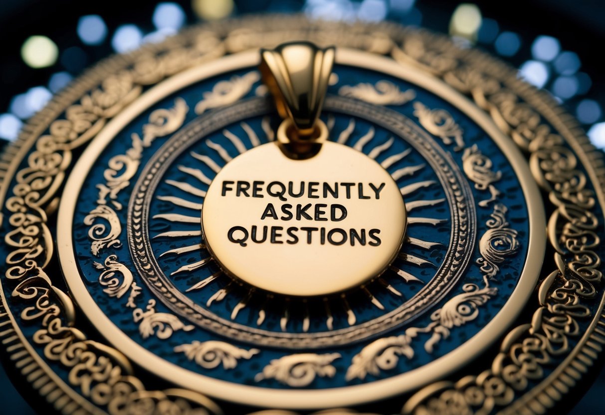 A handcrafted gold pendant with the words "Frequently Asked Questions" engraved on it, surrounded by intricate designs and patterns