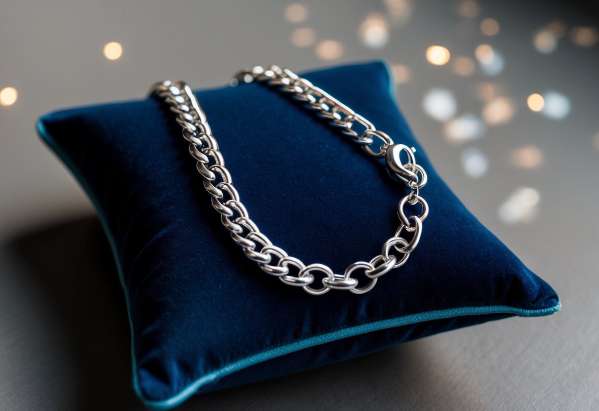 A silver chain bracelet draped over a velvet cushion, catching the light with its intricate links and delicate clasp