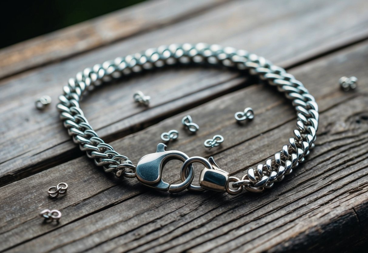 A chain bracelet lies on a weathered wooden surface, surrounded by small, delicate links and a clasp. The bracelet shows signs of wear, hinting at a long and storied history