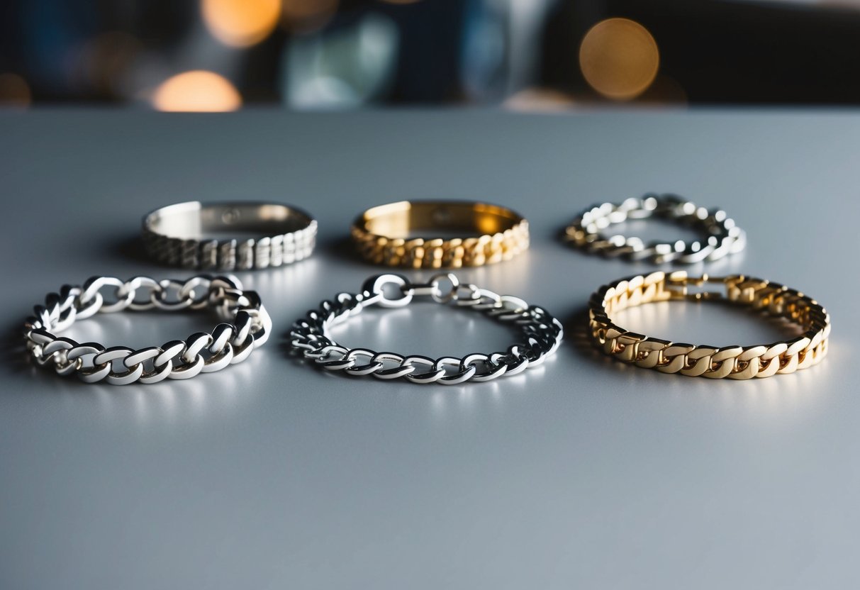 A collection of different types of chain bracelets arranged on a flat surface, showcasing various designs and sizes