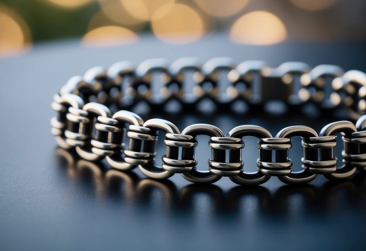 A close-up of a silver chain bracelet with intricate links and a polished finish, showcasing the craftsmanship and attention to detail in the materials used