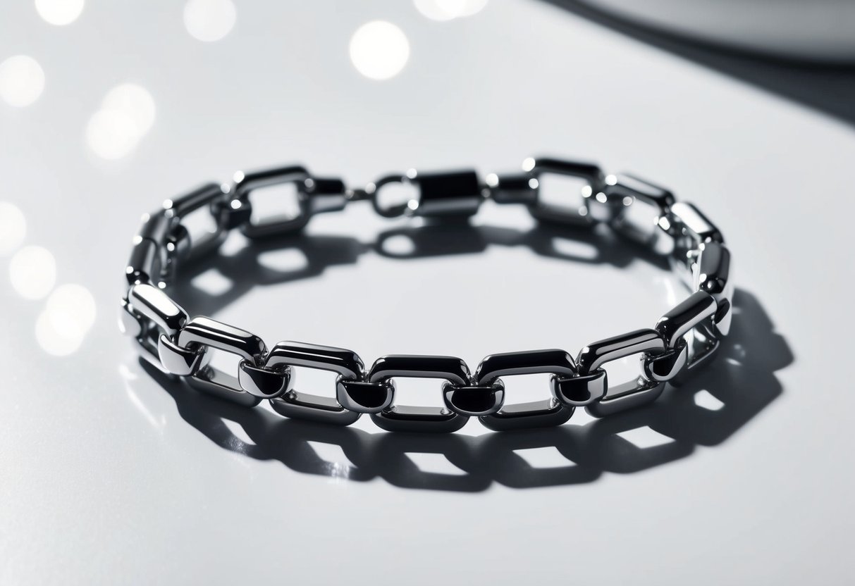 A sleek, modern chain bracelet with geometric links and a polished finish, catching the light in a minimalist, monochromatic setting