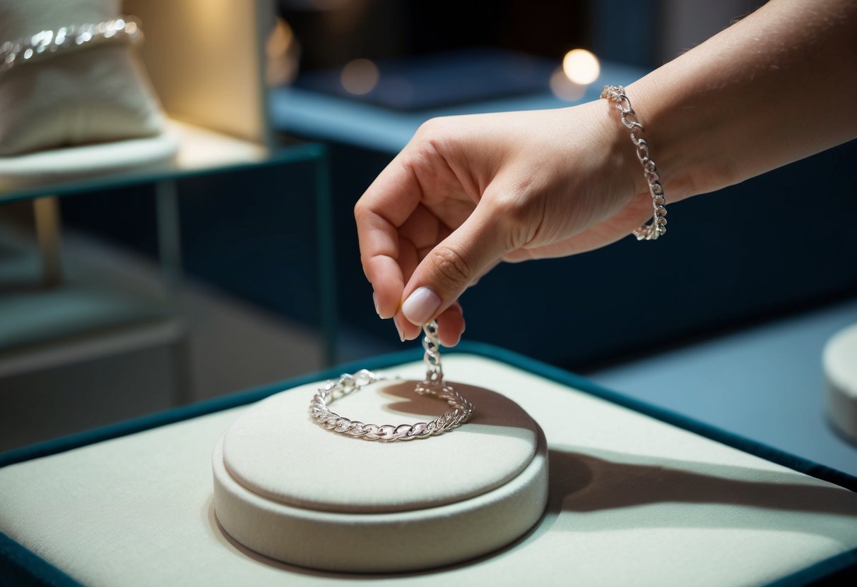 A hand reaches for a delicate chain bracelet displayed on a velvet cushion in a jewelry store. The light catches the glimmering links, emphasizing its elegance and craftsmanship