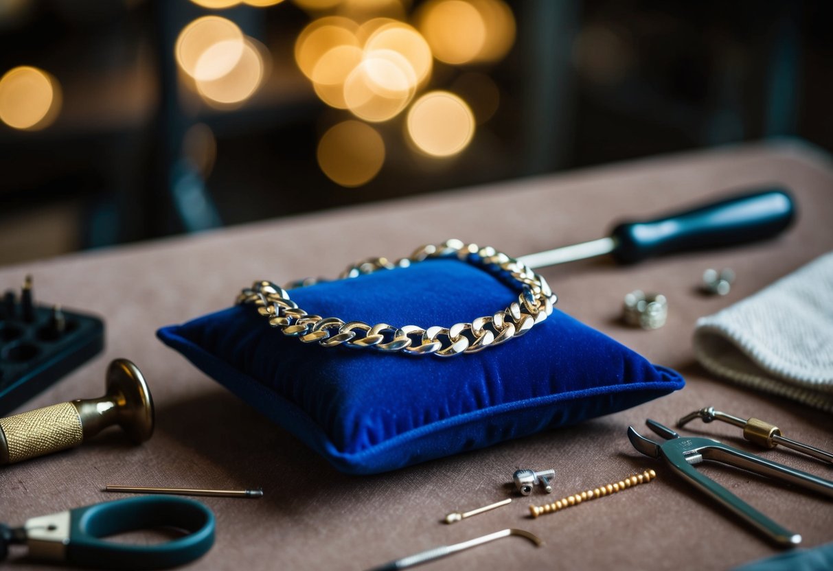 A handcrafted chain bracelet lies on a velvet cushion, surrounded by small jewelry tools and a soft cloth for polishing