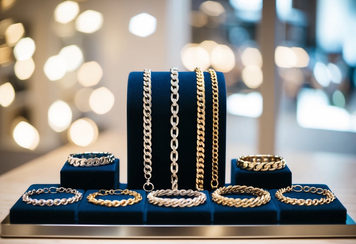 A collection of various chain bracelets arranged in a geometric pattern on a sleek, modern display stand