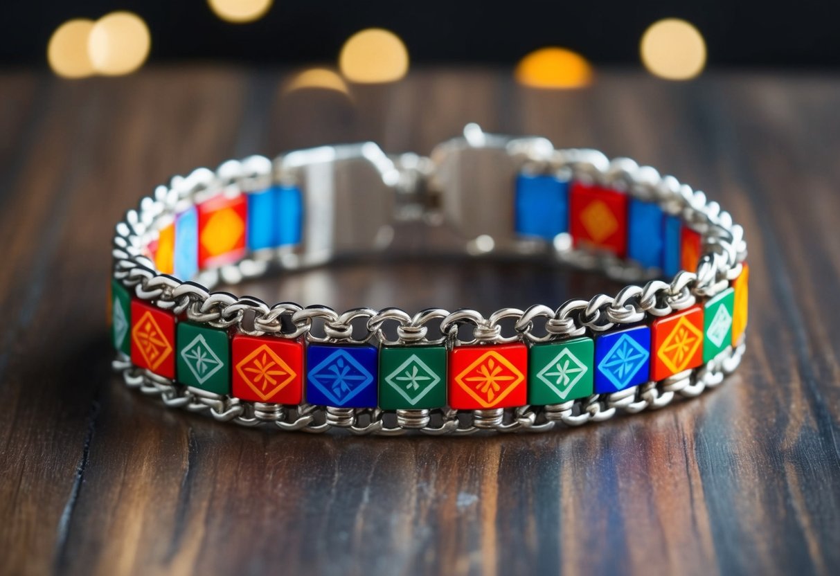 A handcrafted chain bracelet with intricate designs, incorporating cultural symbols and colors, representing unity and tradition