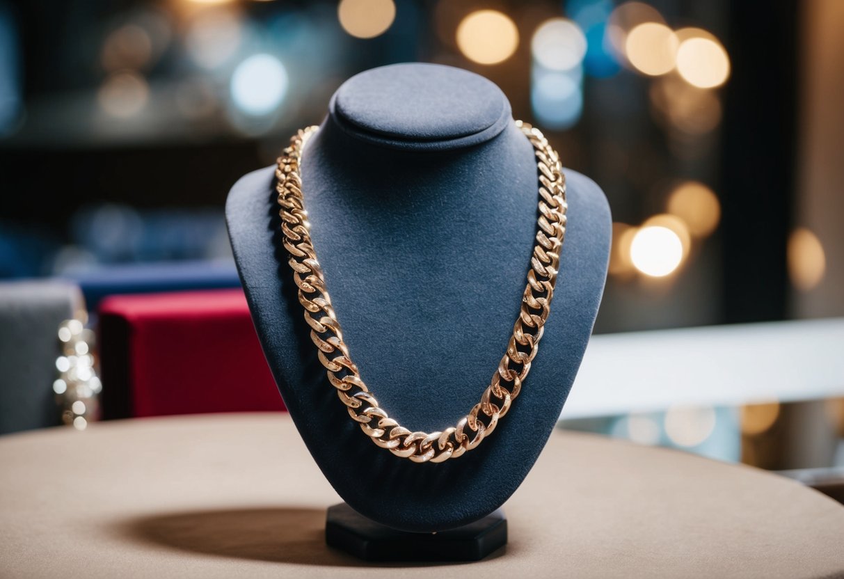 A chain necklace draped over a velvet jewelry stand