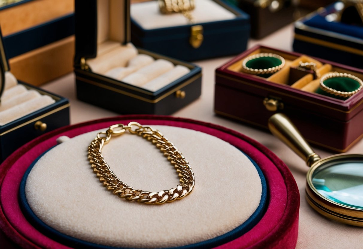 A chain necklace lying on a velvet-lined jewelry display, surrounded by antique jewelry boxes and a vintage magnifying glass