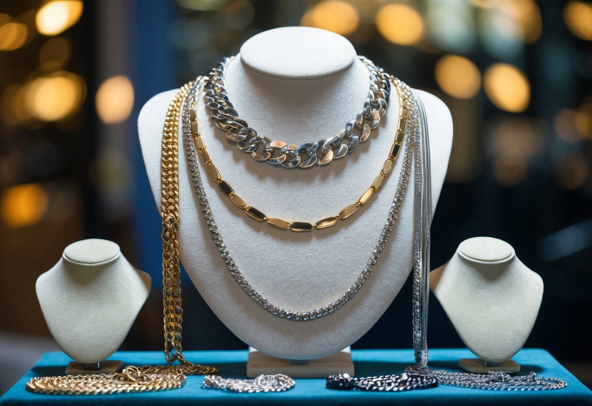 A variety of chain necklaces arranged on a velvet display stand, showcasing different styles and lengths