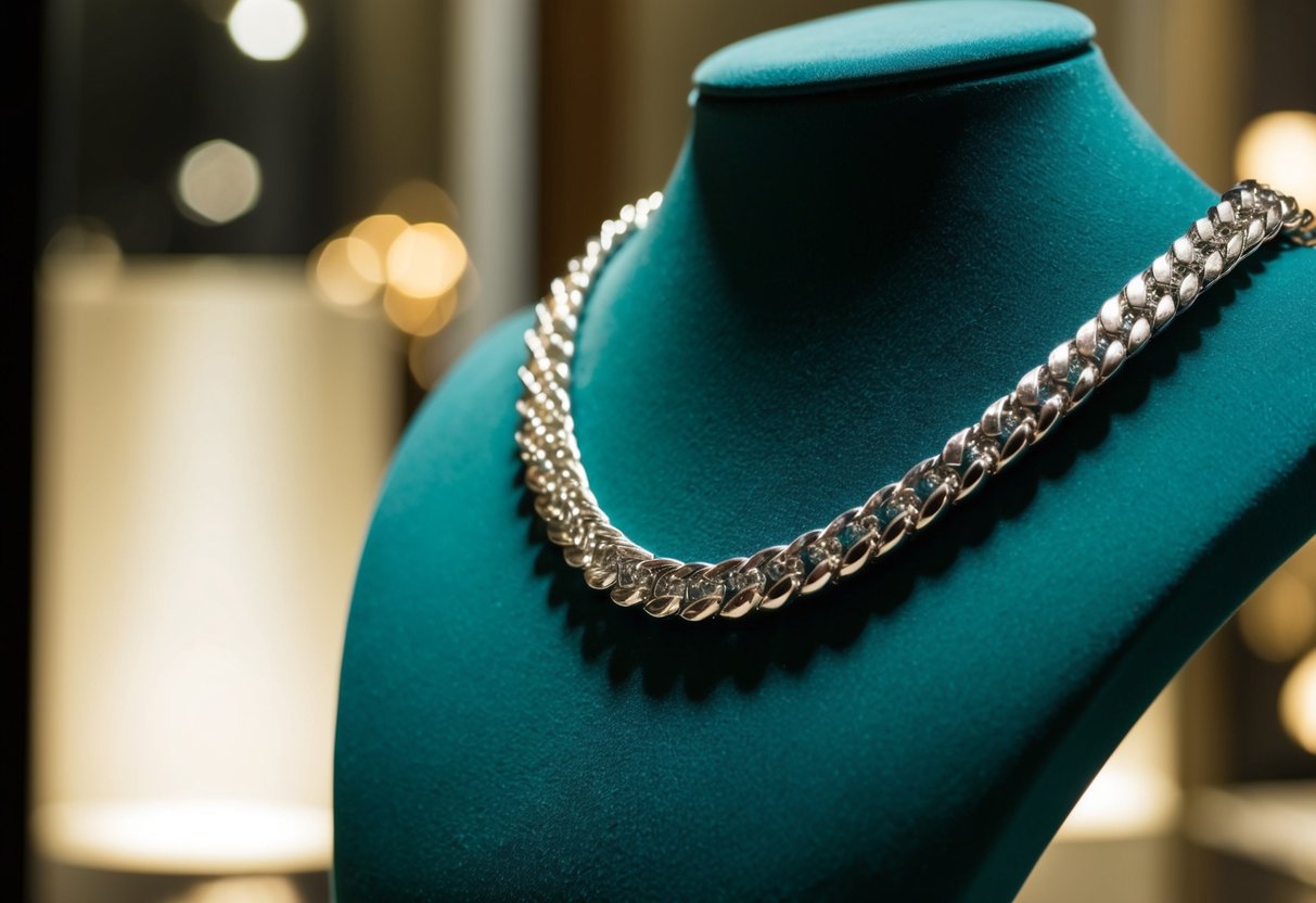 A sleek chain necklace draped over a velvet display, catching the light with its intricate design and stylish details