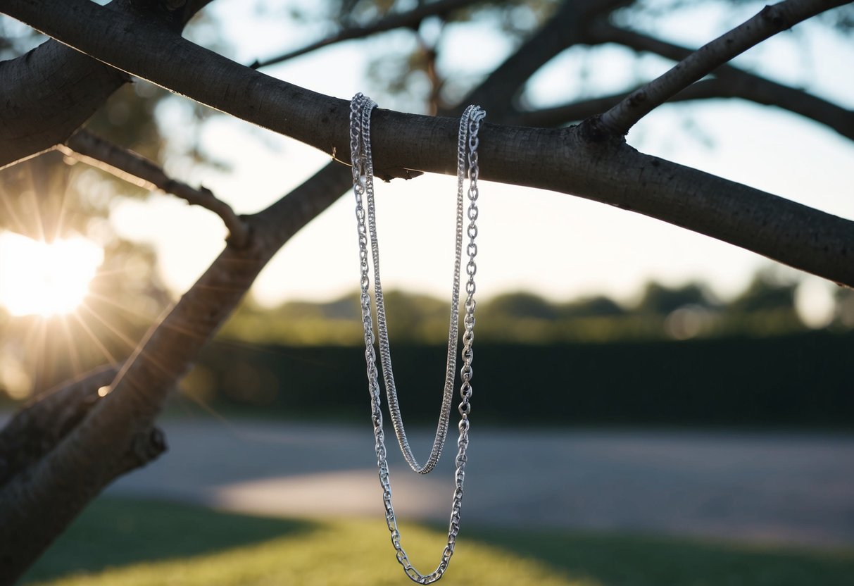 A chain necklace hanging from a tree branch, with sunlight casting shadows