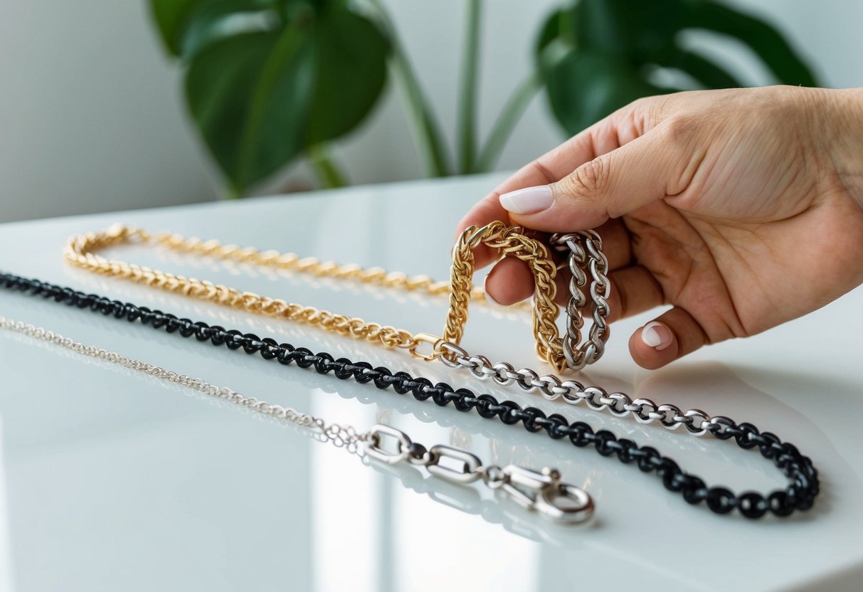 A hand holding a variety of chain necklaces, with different lengths and styles, laid out on a clean, white surface for comparison