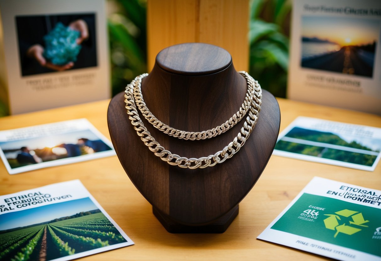 A chain necklace made of sustainable materials hangs on a wooden display, surrounded by images of ethical production and environmental conservation