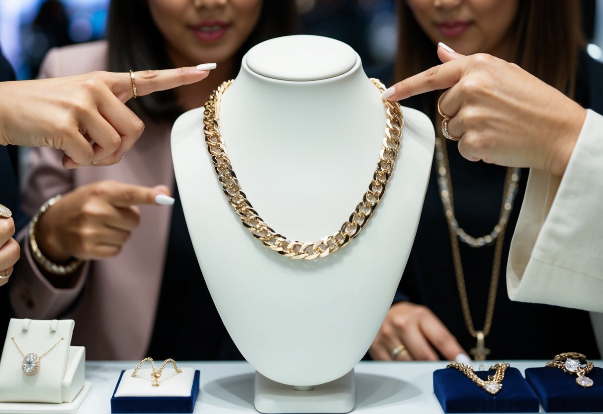 A chain necklace on a display stand with various other jewelry items. Customers browsing and pointing at the necklace