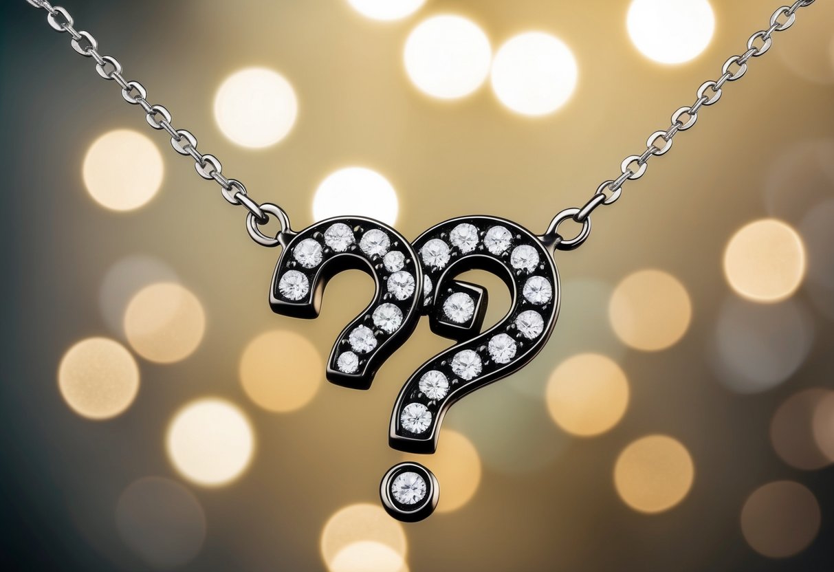 A chain necklace with a pendant of interlinked question marks