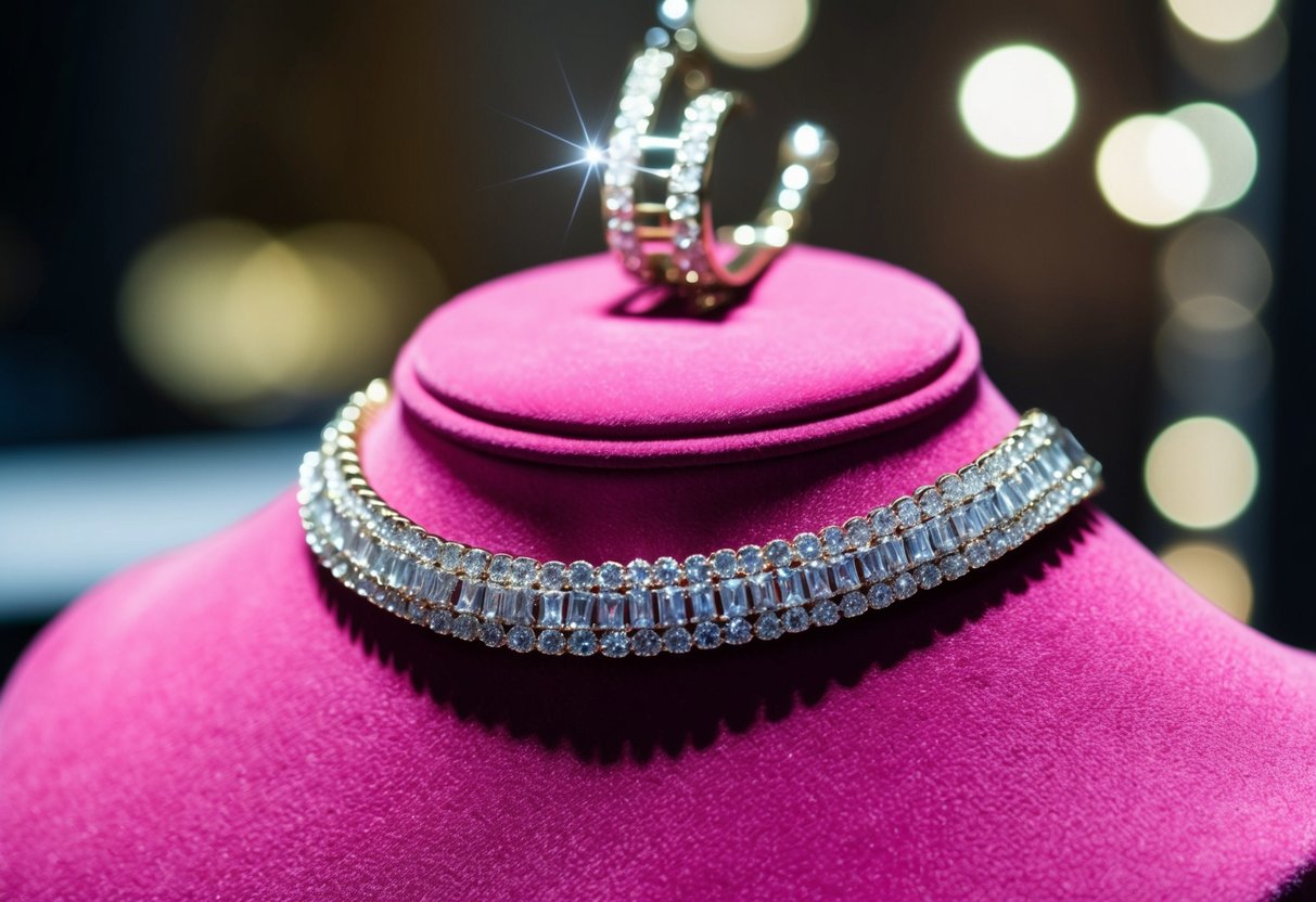 A choker necklace lying on a velvet jewelry display, catching the light with its sparkling gemstones and intricate metalwork