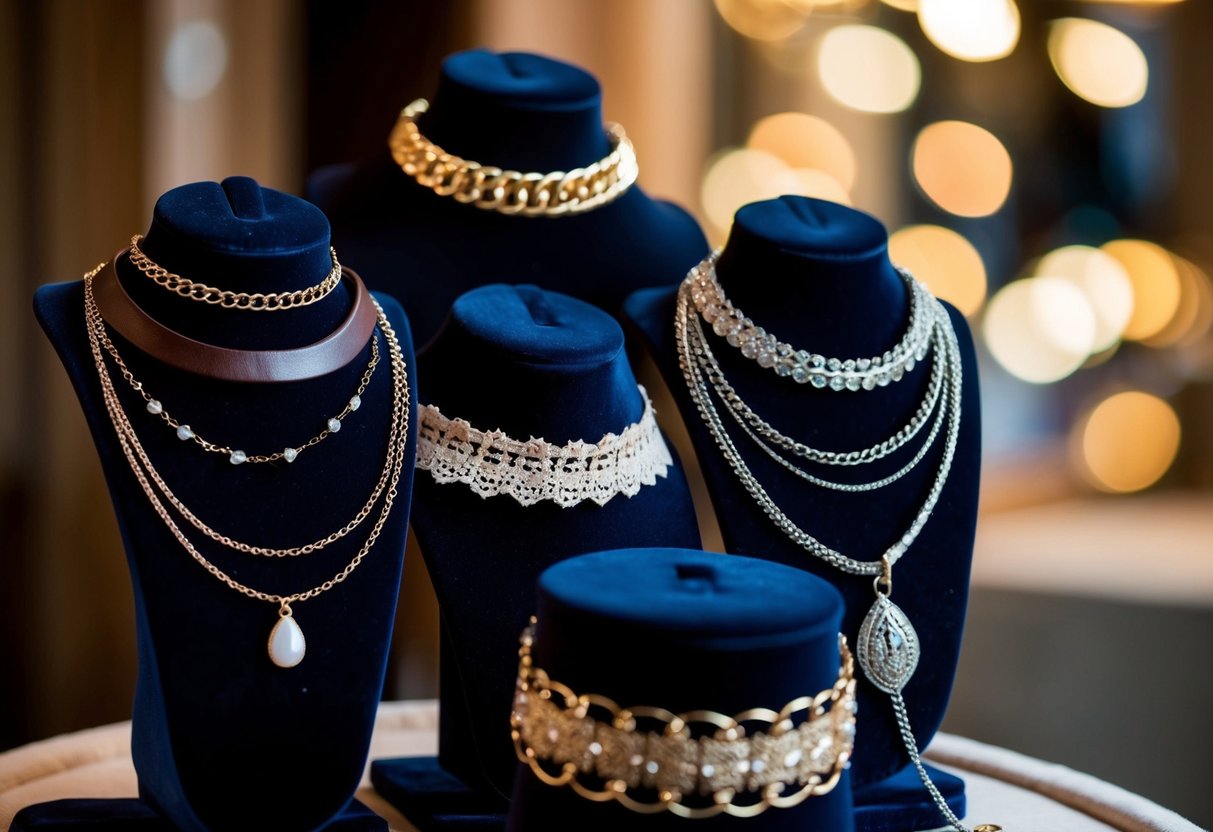 A collection of choker necklaces displayed on a velvet-lined jewelry stand, featuring various styles and materials such as leather, lace, and metal