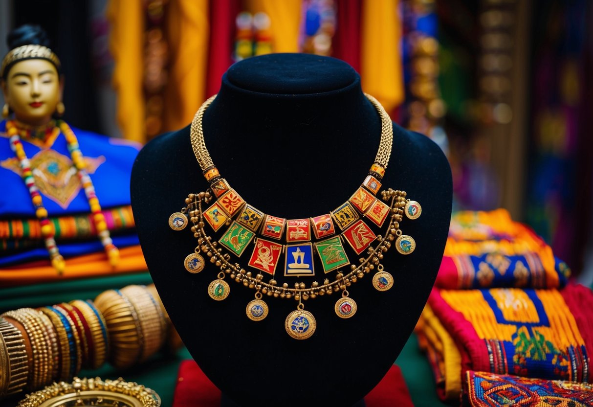 A choker necklace adorned with cultural symbols hangs from a display stand, surrounded by traditional artifacts and vibrant fabrics