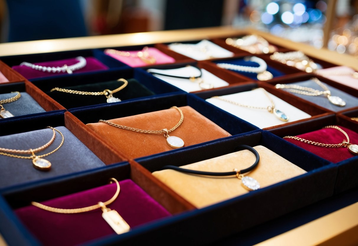 A display of various choker necklaces arranged on a velvet-lined tray, with different styles, materials, and colors to choose from