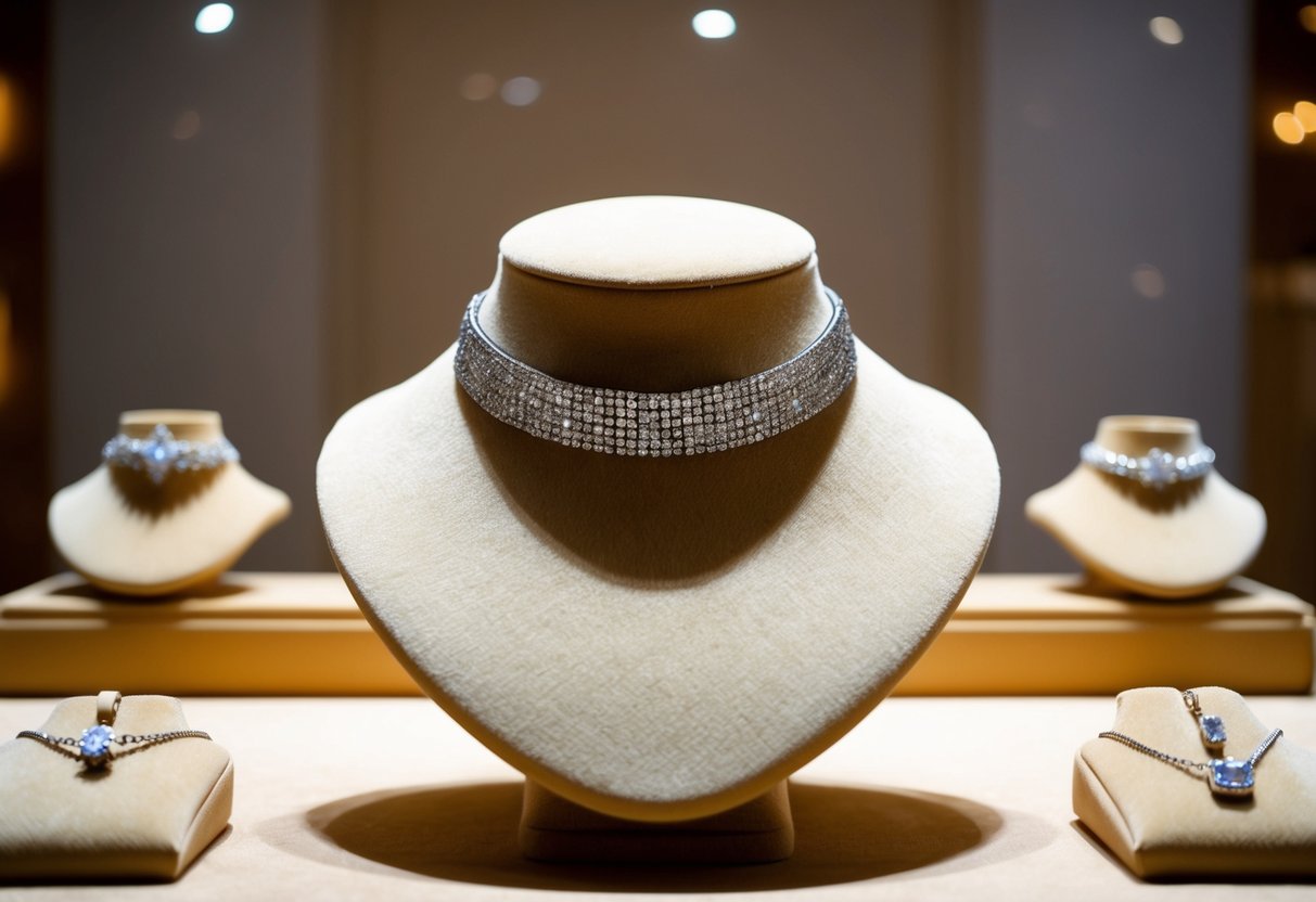 A choker necklace lies on a velvet display stand, surrounded by other jewelry. The room is softly lit, casting a warm glow on the elegant accessory