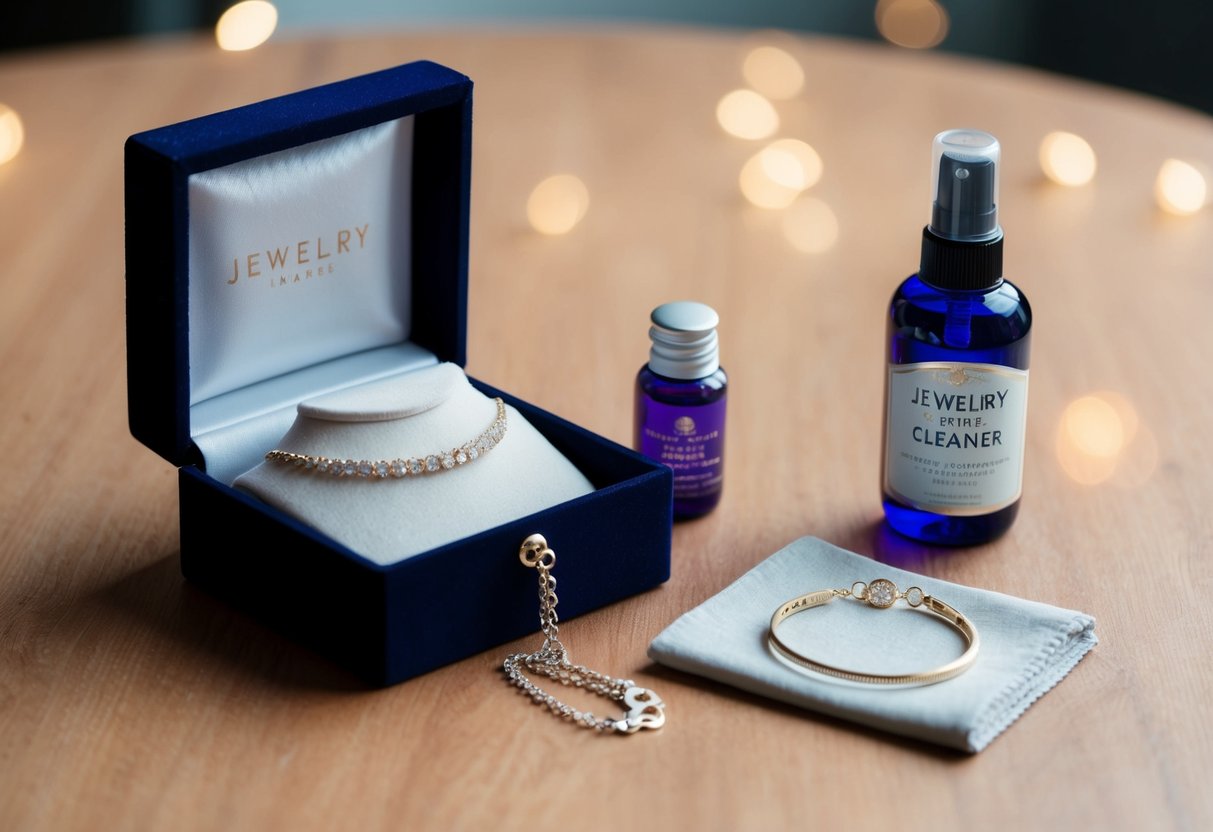 A jewelry box with a velvet lining holds a delicate choker necklace, next to a small polishing cloth and a bottle of jewelry cleaner