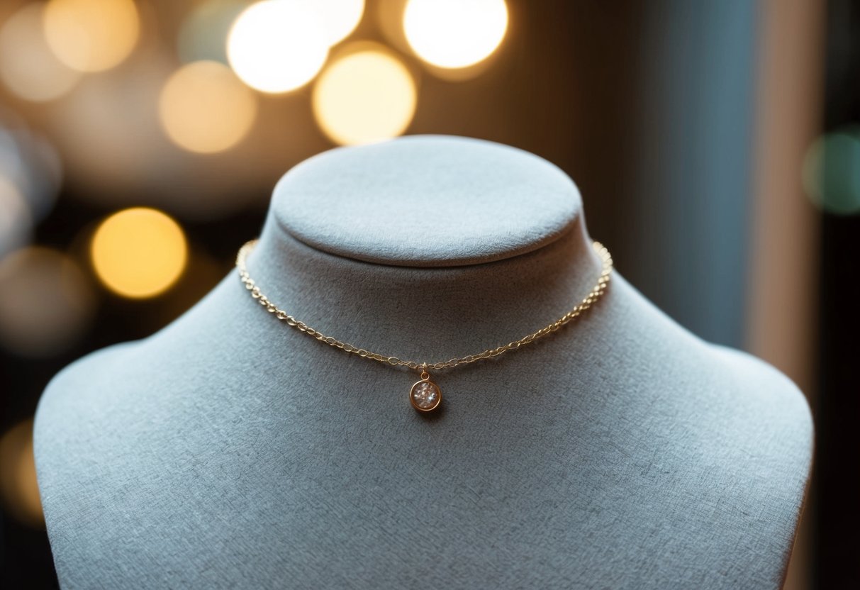 A choker necklace with a delicate chain and a small charm, draped over a velvet display stand with soft lighting