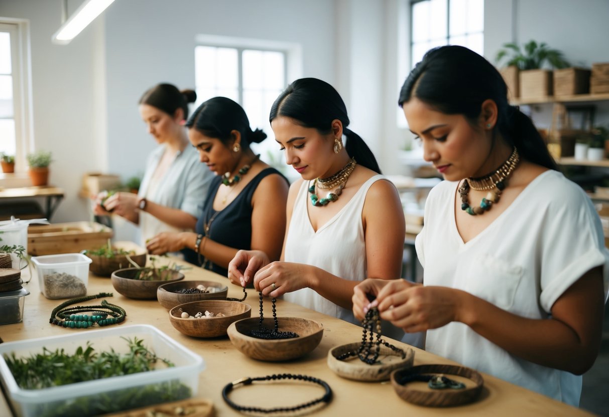 A group of artisans working in a well-lit studio, using natural and recycled materials to create choker necklaces. The workspace is organized and eco-friendly, with a focus on ethical production practices