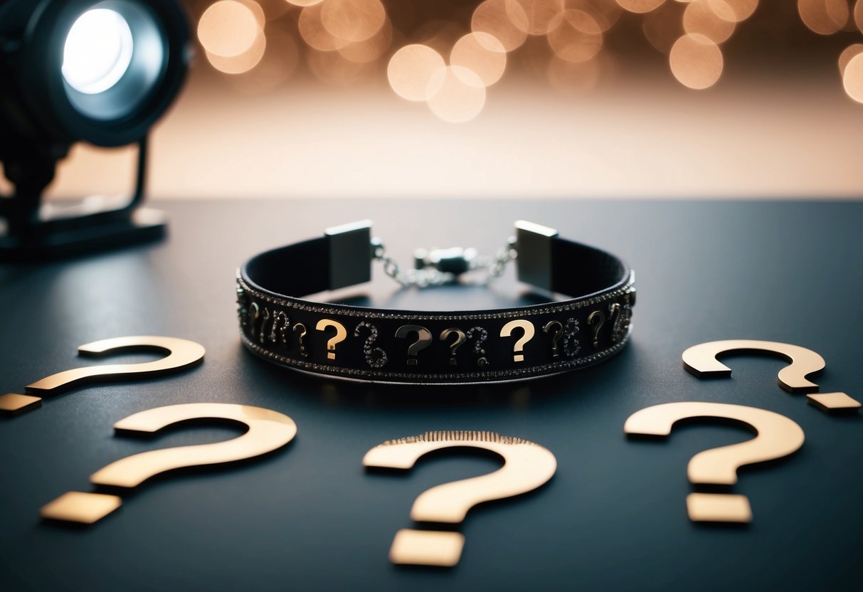 A choker necklace surrounded by question marks and a spotlight