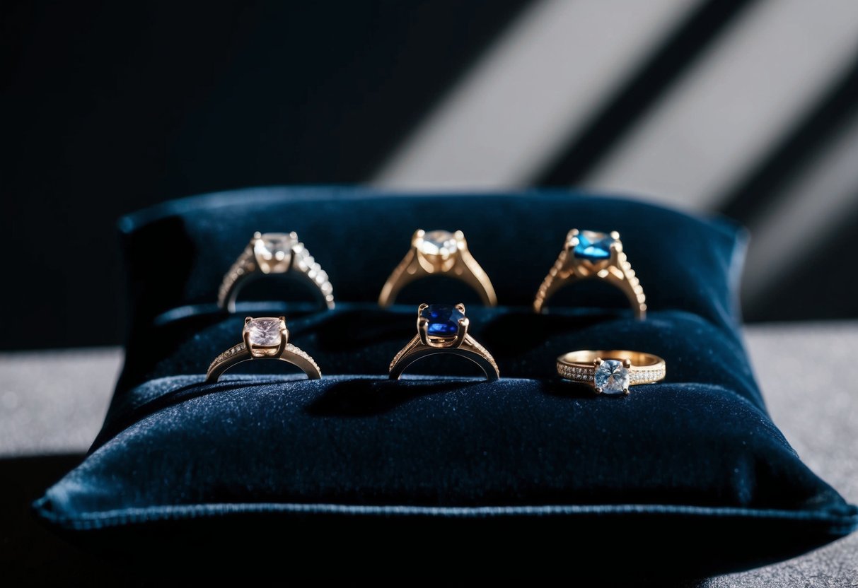 Several cool rings arranged on a dark velvet cushion, catching the light and casting shadows