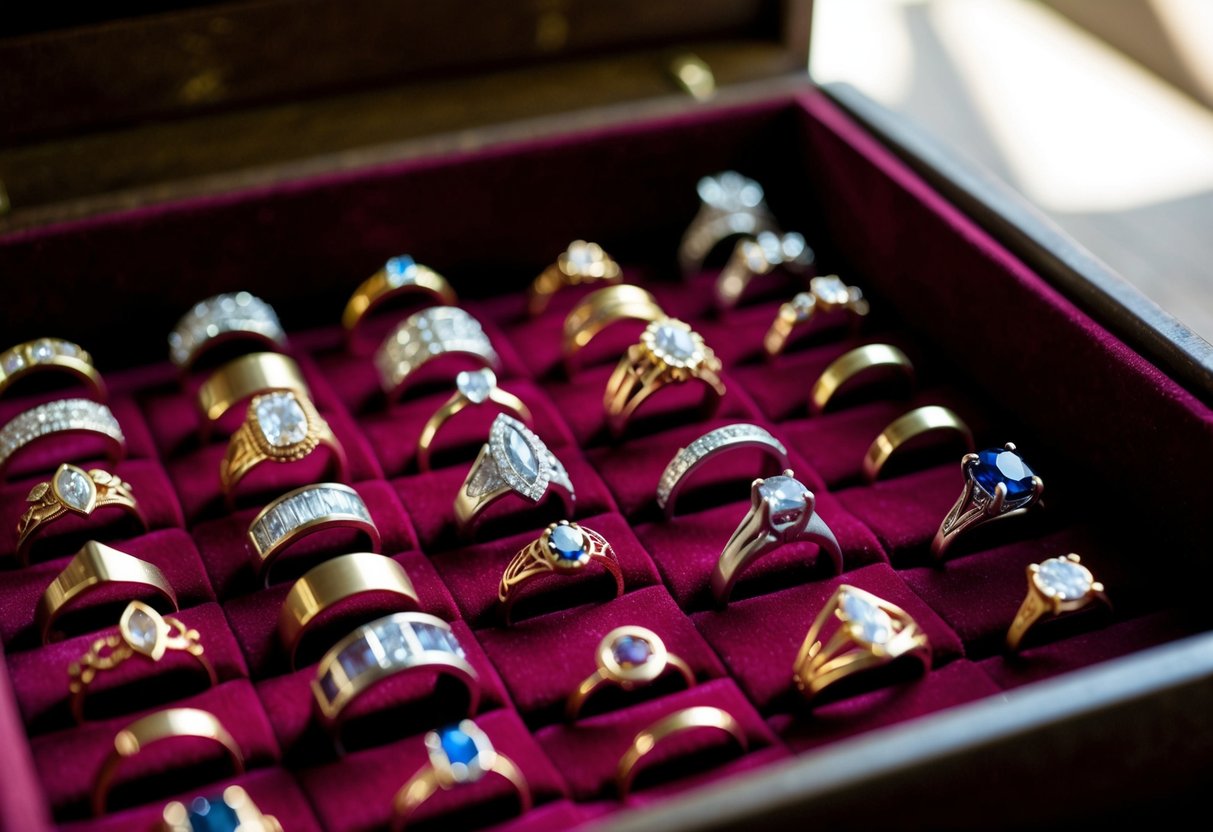 A display of unique and stylish rings arranged on a velvet-lined tray, catching the light and casting intricate shadows