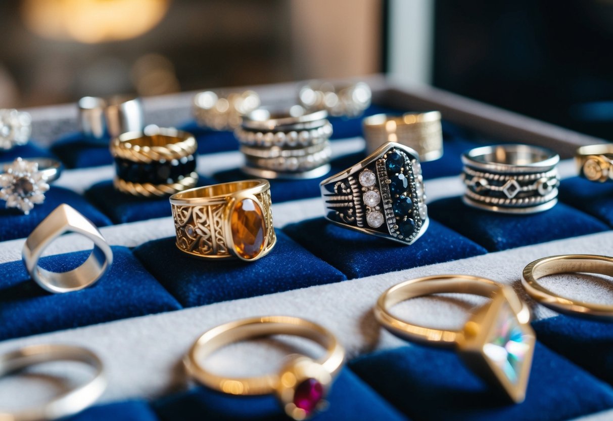 Various cool rings laid out on a velvet display, including chunky metal bands, intricate gemstone designs, and minimalist geometric shapes