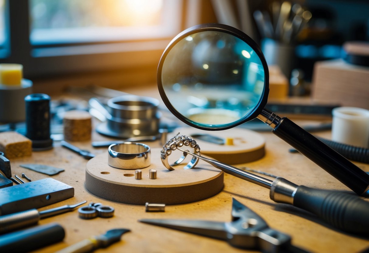 A workbench with various tools and materials scattered about. A magnifying glass hovers over intricate rings in progress, showcasing fine craftsmanship