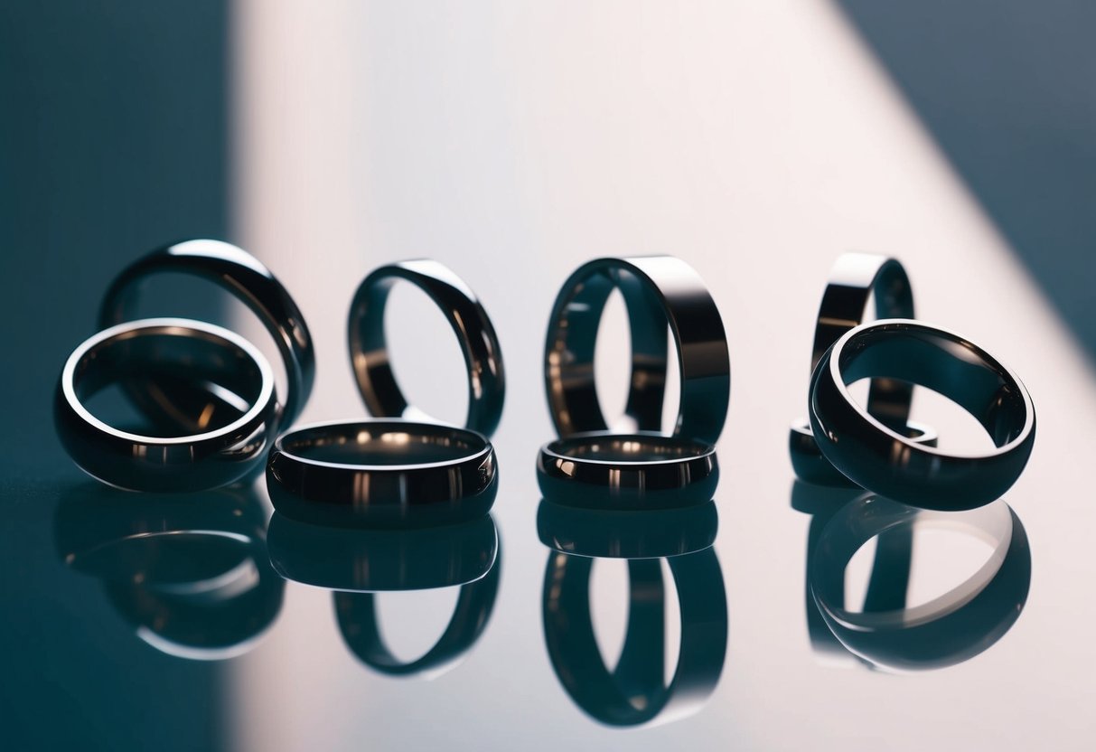 A collection of sleek and modern rings arranged on a reflective surface, catching the light and creating interesting shadows