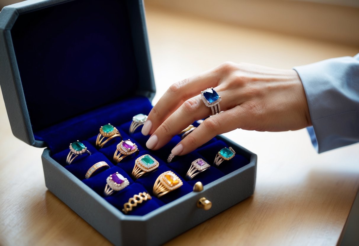 A hand reaches for a velvet-lined jewelry box, opening it to reveal an array of colorful and unique rings. The rings are neatly arranged, glinting in the soft light