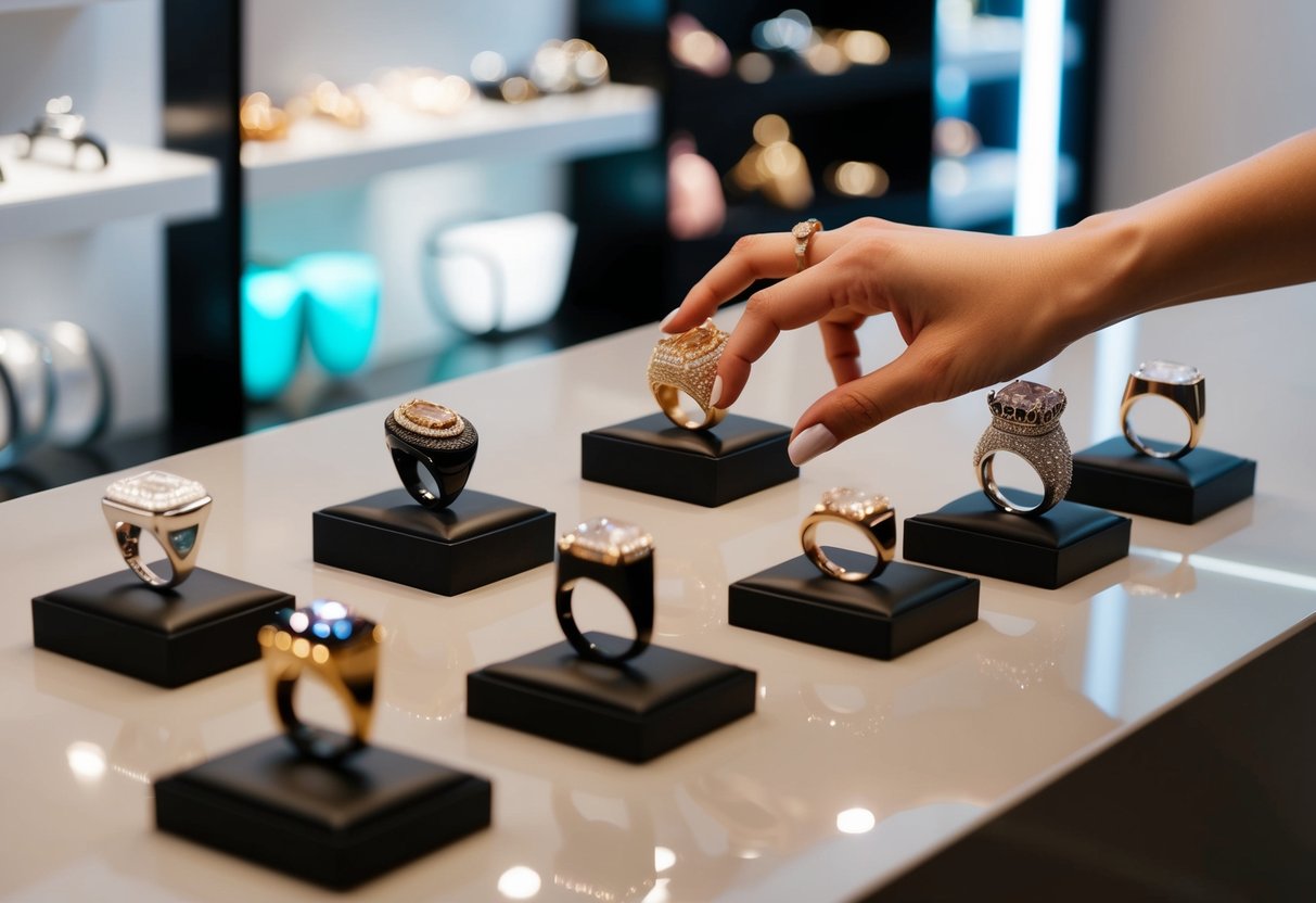 A hand reaching for a display of unique, stylish rings in a trendy boutique. Various designs and colors are showcased on a sleek, modern countertop