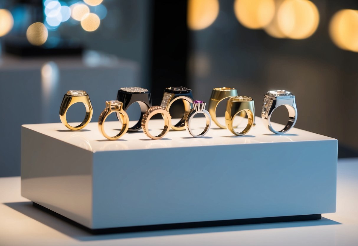 A display of trendy rings in various styles and materials arranged on a sleek, minimalist pedestal. Light reflects off the polished surfaces, highlighting their unique designs