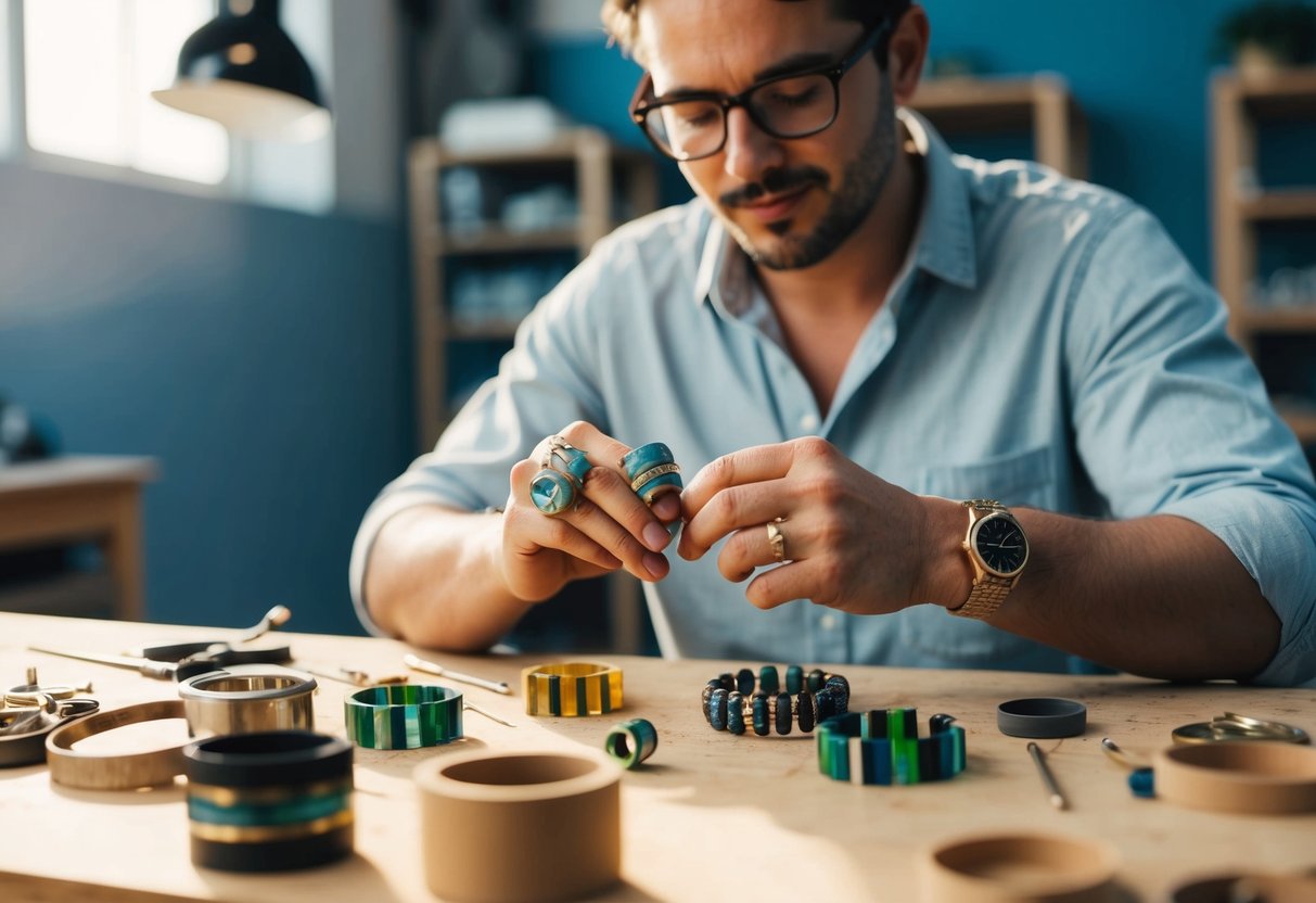 A jeweler crafting rings from recycled materials, using eco-friendly methods in a sunlit studio