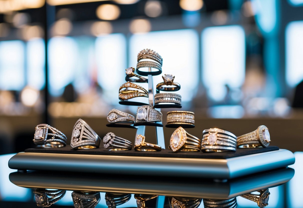 A collection of unique and stylish rings arranged on a sleek display stand, catching the light and showcasing their intricate designs