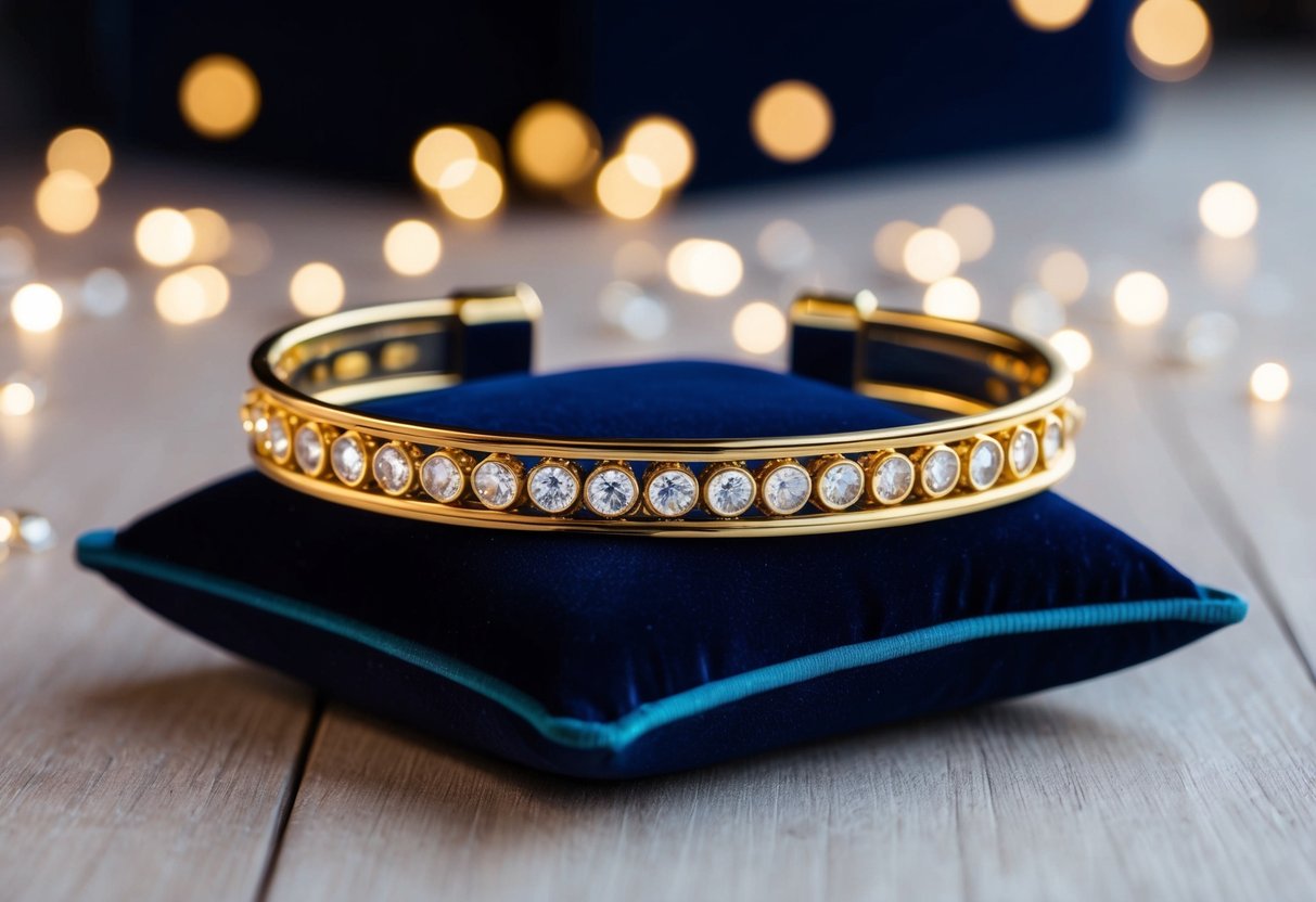 A custom 18k gold bracelet rests on a velvet cushion, surrounded by soft lighting and sparkling gemstones