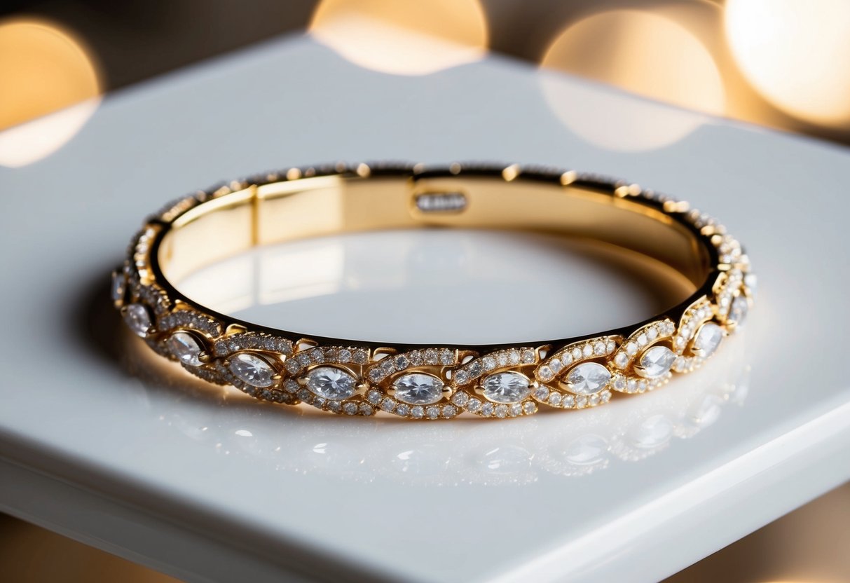 A sparkling 18k gold bracelet gleams in the soft light, its intricate design catching the eye with its allure and sophistication