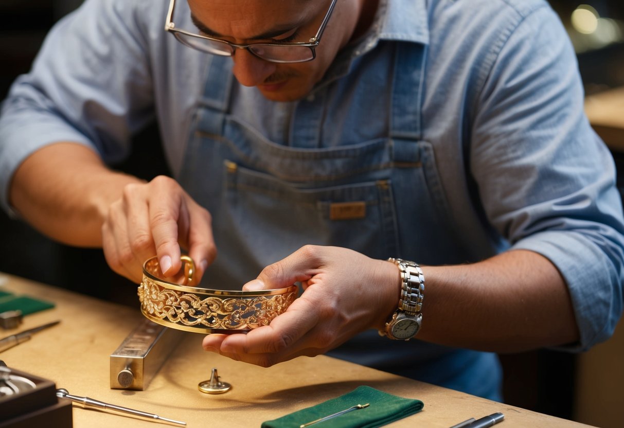 A jeweler meticulously crafts a custom 18k gold bracelet, carefully shaping and polishing the metal to create a luxurious and elegant piece of jewelry